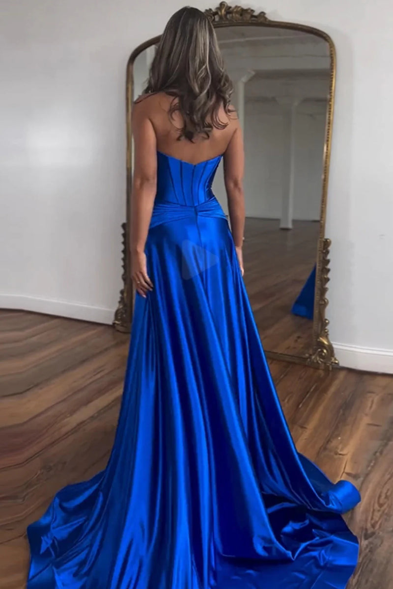 Simple Royal Blue Satin Lace up Back Long Prom Dress