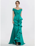 Sheath / Column Evening Gown Elegant Dress Formal Floor Length Sleeveless Off Shoulder Satin with Ruffles