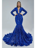 Mermaid / Trumpet Evening Gown Elegant Dress Engagement Chapel Train Long Sleeve Jewel Neck Sequined with Sequin