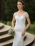 Beach Wedding Dresses Mermaid / Trumpet Illusion Neck Short Sleeve Sweep / Brush Train Satin Bridal Gowns With Appliques