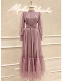 A-Line Prom Dresses Elegant Dress Formal Ankle Length Long Sleeve High Neck Tulle with Pleats Ruched