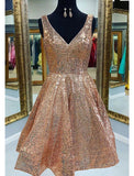 A-Line Homecoming Dresses Sparkle & Shine Dress Graduation Tea Length Sleeveless V Neck Pink Dress Sequined with Sequin