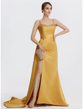 A-Line Evening Gown Sparkle Dress Wedding Prom Sweep / Brush Train Sleeveless Spaghetti Strap Satin with Rhinestone Ruched