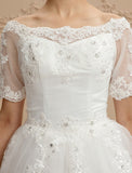 A-Line Bateau Neck Cathedral Train Lace / Tulle Made-To-Measure Wedding Dresses with Lace