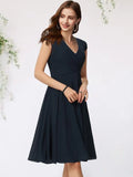 A-Line Mother of the Bride Dress Elegant V Neck Knee Length Chiffon Cap Sleeve with Pleats Side-Draped Solid Color