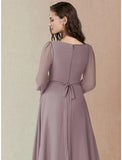 A-Line Bridesmaid Dress Square Neck Long Sleeve Elegant Floor Length Chiffon with Split Front / Ruching