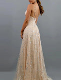 A-Line Prom Dresses Sparkle Dress Wedding Guest Homecoming Floor Length Sleeveless V Neck Tulle with Sequin Tiered