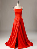 A-Line Evening Gown Sexy Dress Formal Sweep / Brush Train Sleeveless Spaghetti Strap Charmeuse with Slit