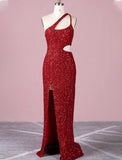 A-Line Evening Gown Elegant Dress Formal Prom Floor Length Sleeveless One Shoulder Sequined with Glitter Sequin