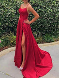 A-Line Evening Gown Sexy Dress Formal Wedding Guest Sweep / Brush Train Sleeveless Spaghetti Strap Charmeuse with Slit