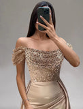 Mermaid / Trumpet Evening Gown Party Dress Wedding Prom Floor Length Short Sleeve Off Shoulder Satin with Pearls Sequin Overskirt