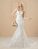 Wedding Dresses Mermaid / Trumpet Sweetheart Spaghetti Strap Chapel Train Satin Bridal Gowns With Buttons Appliques