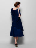 A-Line Mother of the Bride Dress Plus Size Elegant Cowl Neck Tea Length Chiffon Short Sleeve with Ruffles Crystal Brooch