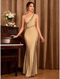 Mermaid / Trumpet Party Dresses Sexy Dress Wedding Party Floor Length Sleeveless One Shoulder Stretch Satin with Glitter