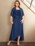 Two Piece A-Line Mother of the Bride Dresses Plus Size Hide Belly Curve Elegant Dress Formal Asymmetrical Half Sleeve Square Neck Chiffon with Pleats Appliques