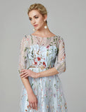 A-Line Evening Gown Party Dress Floral Dress Holiday Wedding Guest Floor Length 3/4 Length Sleeve Illusion Neck Lace with Embroidery