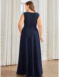 A-Line Evening Gown Plus Size Dress Formal Wedding Guest Floor Length Sleeveless Jewel Neck Bridesmaid Dress Polyester with Draping Appliques Pure Color