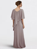 Sheath / Column Mother of the Bride Dress Plus Size Elegant V Neck Floor Length Chiffon Half Sleeve with Beading