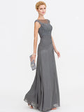 A-Line Mother of the Bride Dress Elegant See Through Bateau Neck Floor Length Chiffon Lace Sleeveless with Side Draping