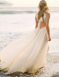Beach Open Back Boho Wedding Dresses A-Line Halter Neck Sleeveless Sweep / Brush Train Chiffon Bridal Gowns With Solid Color