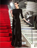 A-Line Black Dress Vintage Wedding Guest Formal Evening Floor Length 3/4 Length Sleeve Jewel Neck Velvet with Pleats