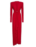 Sheath / Column Evening Gown Elegant Dress Formal Ankle Length Christmas Red Green Dress Long Sleeve V Neck Stretch Chiffon with Pleats Slit