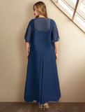 Two Piece A-Line Mother of the Bride Dresses Plus Size Hide Belly Curve Elegant Dress Formal Asymmetrical Half Sleeve Square Neck Chiffon with Pleats Appliques