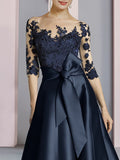 Sheath / Column Mother of the Bride Dress Party Elegant Scoop Neck Ankle Length Satin Lace Half Sleeve with Bow(s) Pleats