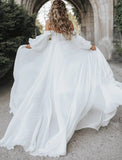 Beach Wedding Dresses A-Line Off Shoulder Long Sleeve Chapel Train Chiffon Bridal Gowns With Split Front Solid Color