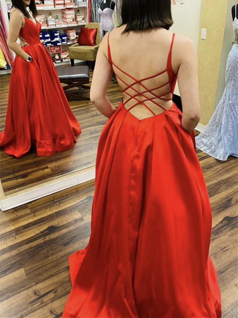 A Line Deep V Neck Satin Open Back Prom Dresses LBQ2096