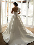 Hall Formal Wedding Dresses A-Line One Shoulder Sleeveless Sweep / Brush Train Satin Bridal Gowns With Ruched
