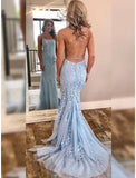 Mermaid / Trumpet Prom Dresses Open Back Dress Prom Wedding Party Court Train Sleeveless Halter Neck Tulle Backless with Appliques