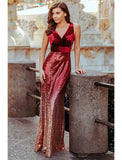 Mermaid / Trumpet Evening Gown Sparkle & Shine Dress Formal Fall Floor Length Sleeveless V Neck Sequined with Glitter Pleats