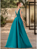 A-Line Evening Gown Elegant Dress Formal Sweep / Brush Train Christmas Red Green Dress Sleeveless V Neck Satin with Pleats Ruched