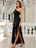 Mermaid / Trumpet Evening Gown Black Elegant Dress Formal Ankle Length Sleeveless One Shoulder Sequined with Glitter Slit