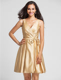 Ball Gown / A-Line V Neck Knee Length Satin Bridesmaid Dress with Sash / Ribbon / Criss Cross / Draping