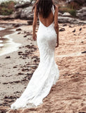 Beach Open Back Boho Wedding Dresses Mermaid / Trumpet Halter Sleeveless Chapel Train Lace Bridal Gowns With Appliques Solid Color Summer Fall Wedding Party