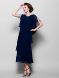 A-Line Mother of the Bride Dress Plus Size Elegant Cowl Neck Tea Length Chiffon Short Sleeve with Ruffles Crystal Brooch