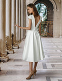 Little White Dresses Wedding Dresses A-Line Scoop Neck Short Sleeve Knee Length Satin Bridal Gowns With Pleats Solid Color