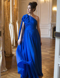 A-Line Evening Gown Elegant Dress Formal Floor Length Sleeveless One Shoulder Chiffon with Pleats Ruched Shouder Flower