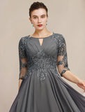 A-Line Mother of the Bride Dress Formal Wedding Guest Elegant High Low Scoop Neck Tea Length Chiffon Lace Half Sleeve with Sequin Appliques