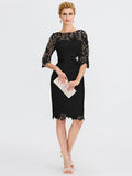 Sheath / Column Mother of the Bride Dress Formal Wedding Guest Plus Size Elegant Illusion Neck Knee Length All Over Lace 3/4 Length Sleeve with Bow(s)
