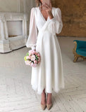 Bridal Shower Little White Dresses Wedding Dresses Ankle Length A-Line Long Sleeve V Neck Chiffon With Solid Color