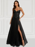 A-Line Prom Black Dress Floral Dress Party Wear Wedding Party Floor Length Sleeveless Spaghetti Strap Tulle with Glitter Slit