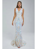 Mermaid / Trumpet Evening Gown Sparkle & Shine Dress Wedding Guest Engagement Court Train Sleeveless V Neck Sequined with Sequin