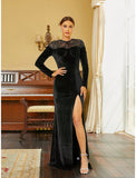 A-Line Evening Gown Black Dress Elegant Dress Formal Fall Sweep / Brush Train Long Sleeve Jewel Neck Velvet with Sequin Slit