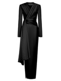 A-Line Evening Black Dress Christmas Elegant Dress Formal Ankle Length Long Sleeve V Neck Satin with Ruched Slit