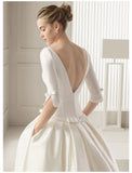 Engagement Formal Fall Wedding Dresses A-Line Scoop Neck Half Sleeve Court Train Satin Bridal Gowns With Bow(s) Pleats