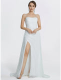 Mermaid / Trumpet Prom Dresses Sparkle Dress Wedding Floor Length Sleeveless Cowl Neck Sequined with Ruched Slit