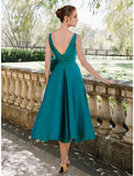 A-Line Cocktail Dresses Elegant Dress Cocktail Party Tea Length Christmas Red Green Dress Sleeveless Scoop Neck Satin with Pleats Ruched Crystals